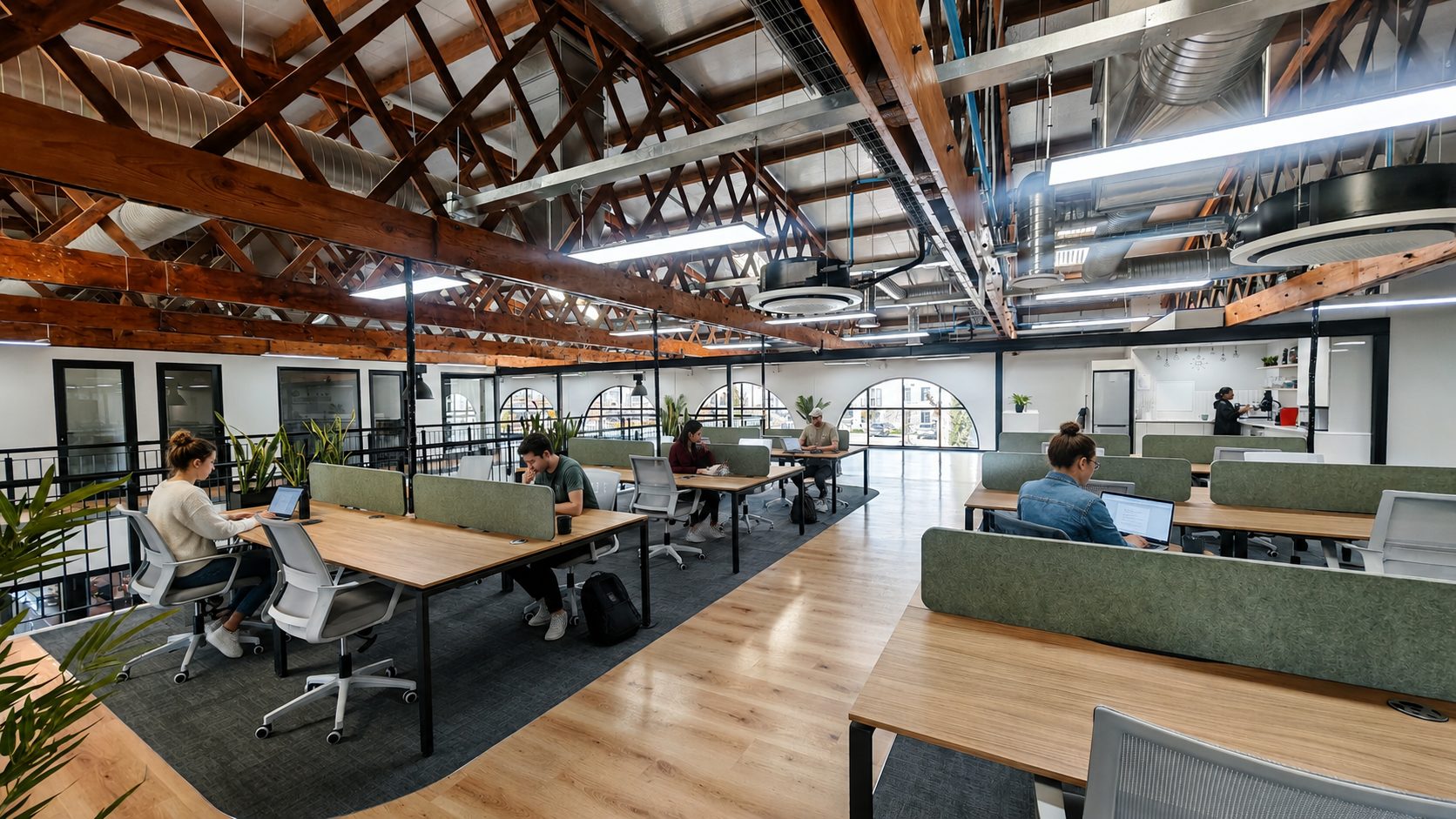 Dedicated desks in the natural-light coworking area at Nooitgedacht Village